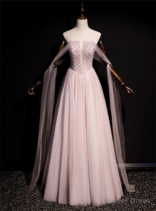 Pink Tulle Off the Shoulder Beading Long Prom Dresses