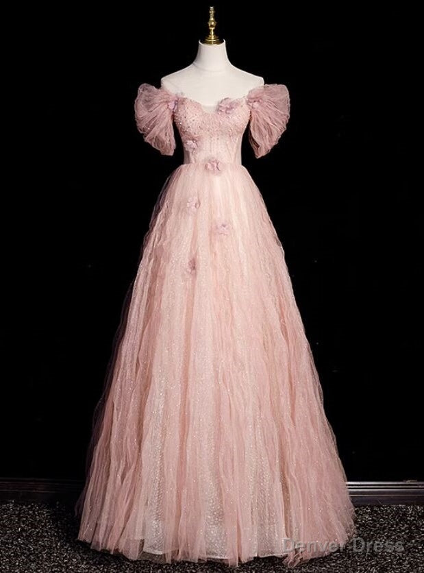 Pink Tulle Off the Shoulder Beading Prom Dresses