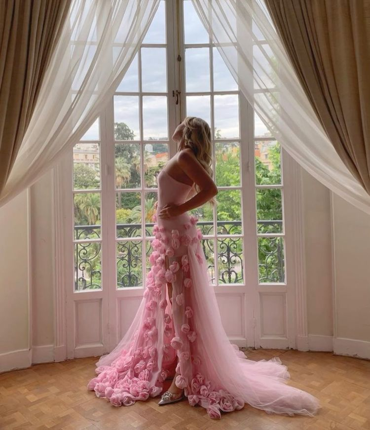 Charming Pink Strapless High Slit Flower Prom Dresses Secondary image