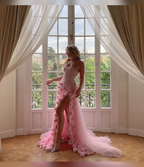 Charming Pink Strapless High Slit Flower Prom Dresses