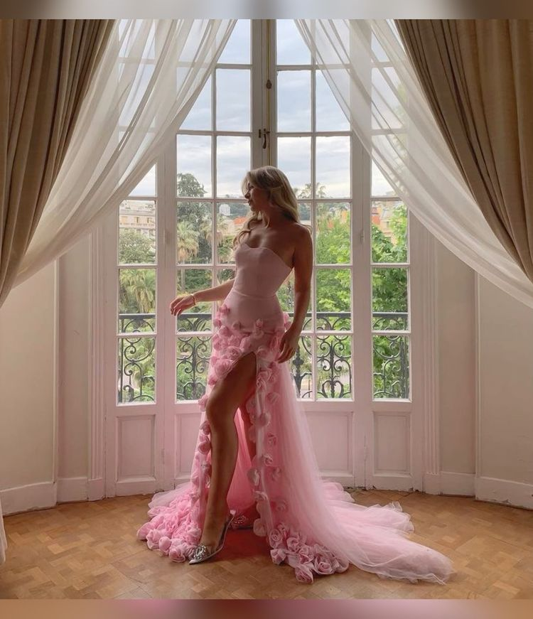 Charming Pink Strapless High Slit Flower Prom Dresses