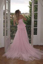 Charming Pink Strapless High Slit Flower Prom Dresses
