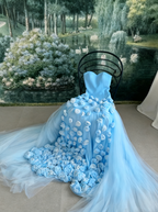Charming Pink Strapless High Slit Flower Prom Dresses