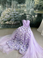 Charming Pink Strapless High Slit Flower Prom Dresses