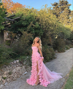 Charming Pink Strapless High Slit Flower Prom Dresses