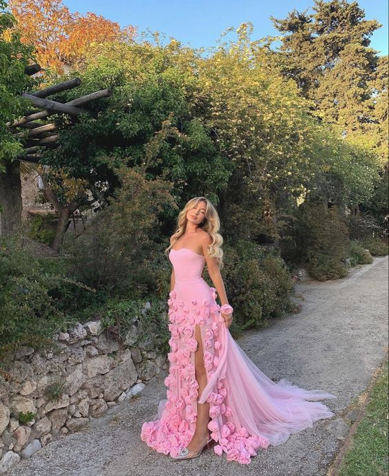 Charming Pink Strapless High Slit Flower Prom Dresses