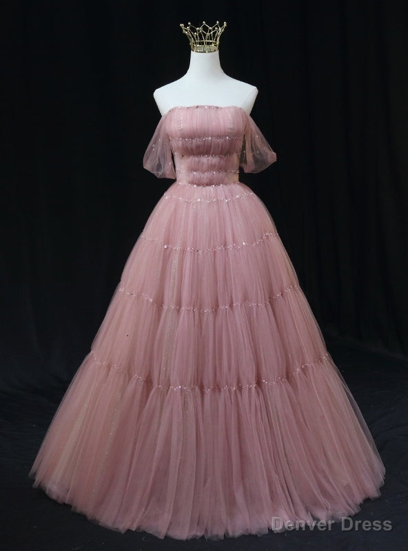 Pink Tulle Off the Shoulder Pleats Beading Prom Dresses