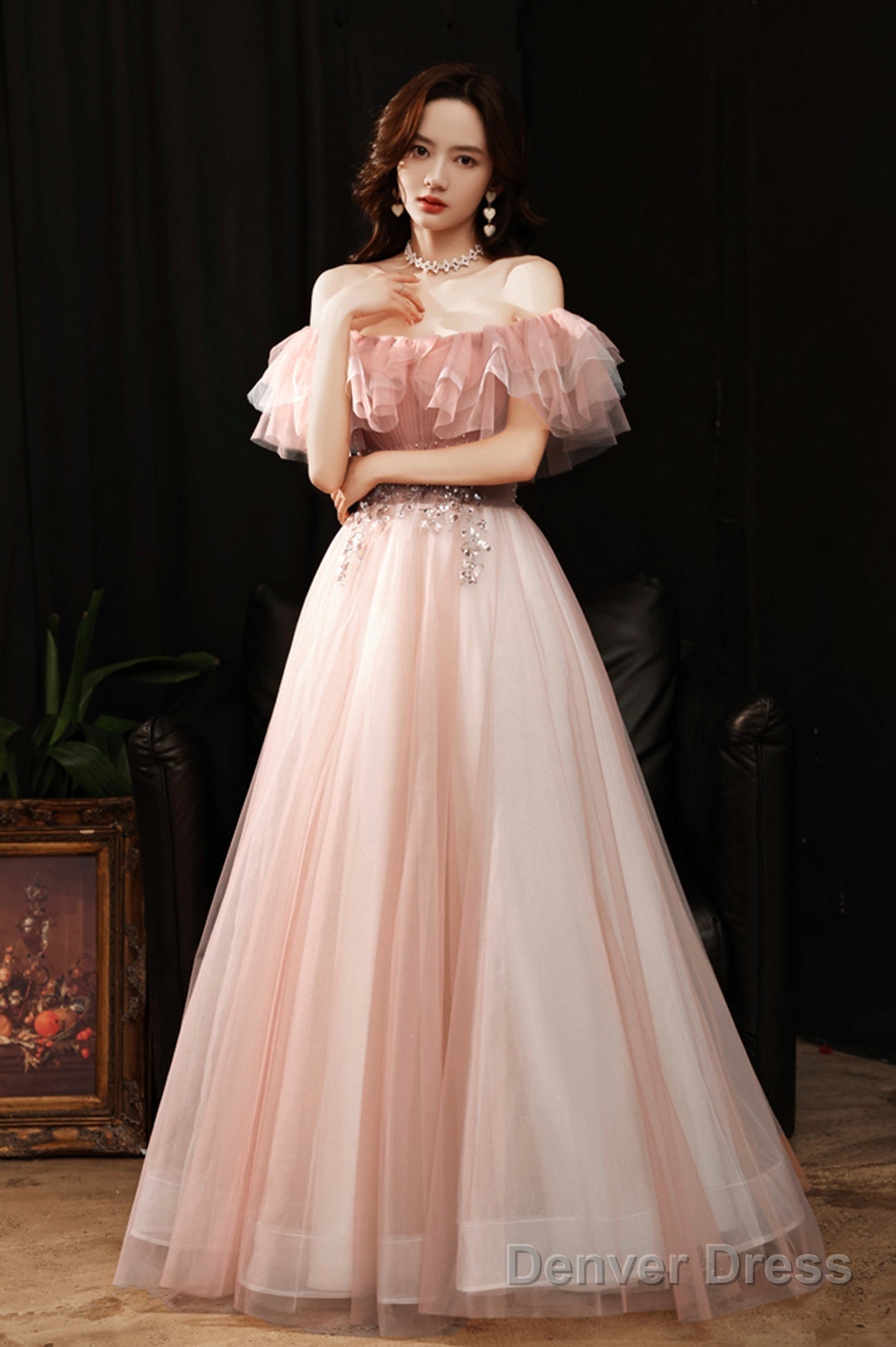 Pink Tulle Off The Shoulder Prom Dress, Lovely A-Line Graduation Dress