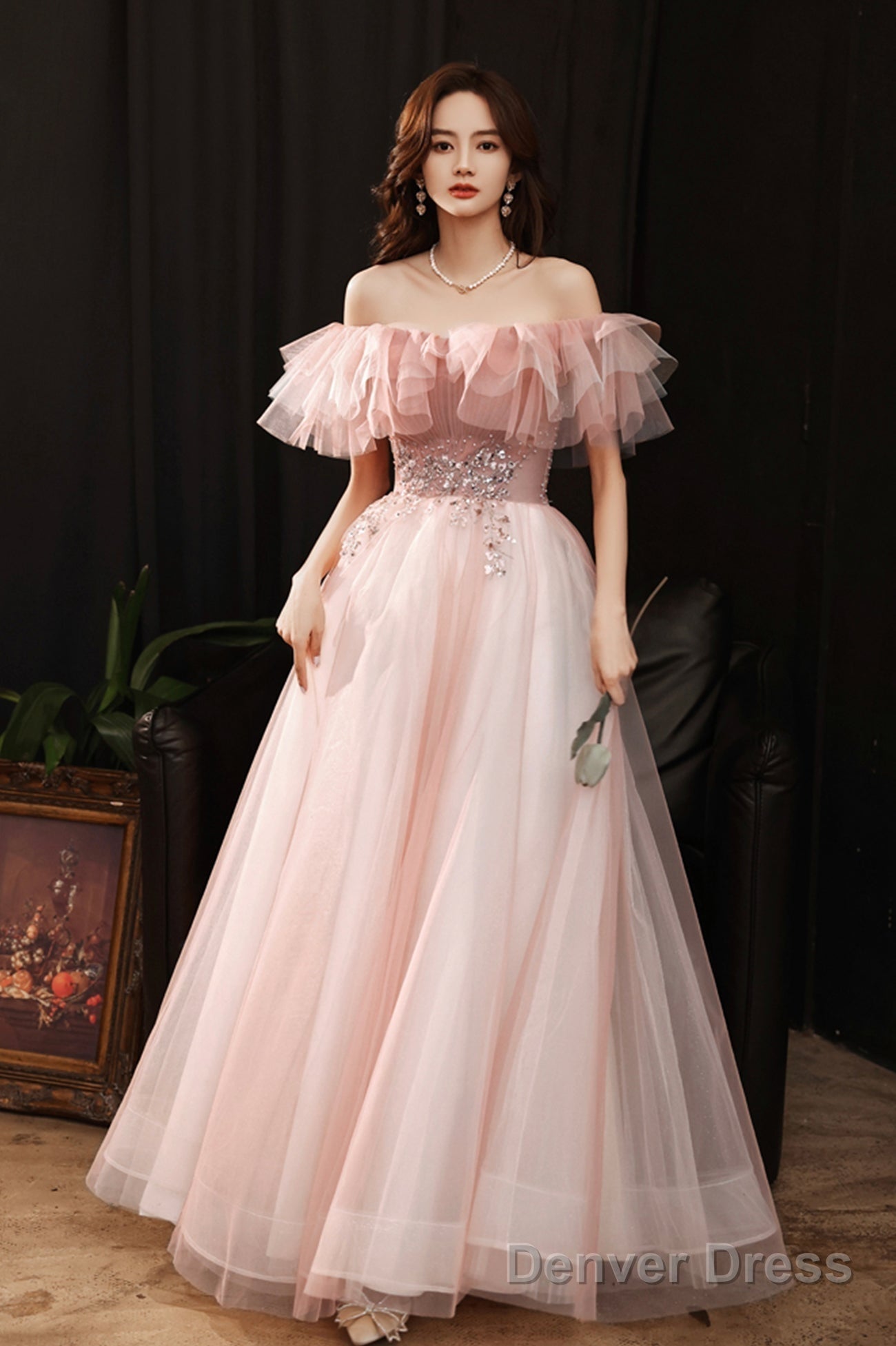 Pink Tulle Off The Shoulder Prom Dress, Lovely A-Line Graduation Dress