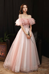 Pink Tulle Off The Shoulder Prom Dress, Lovely A-Line Graduation Dress