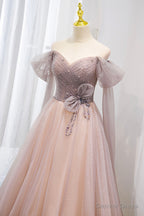 Pink Tulle Off the Shoulder Prom Dress with Beaded, A Line Prom Dresses