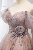 Pink Tulle Off the Shoulder Prom Dress with Beaded, A Line Prom Dresses