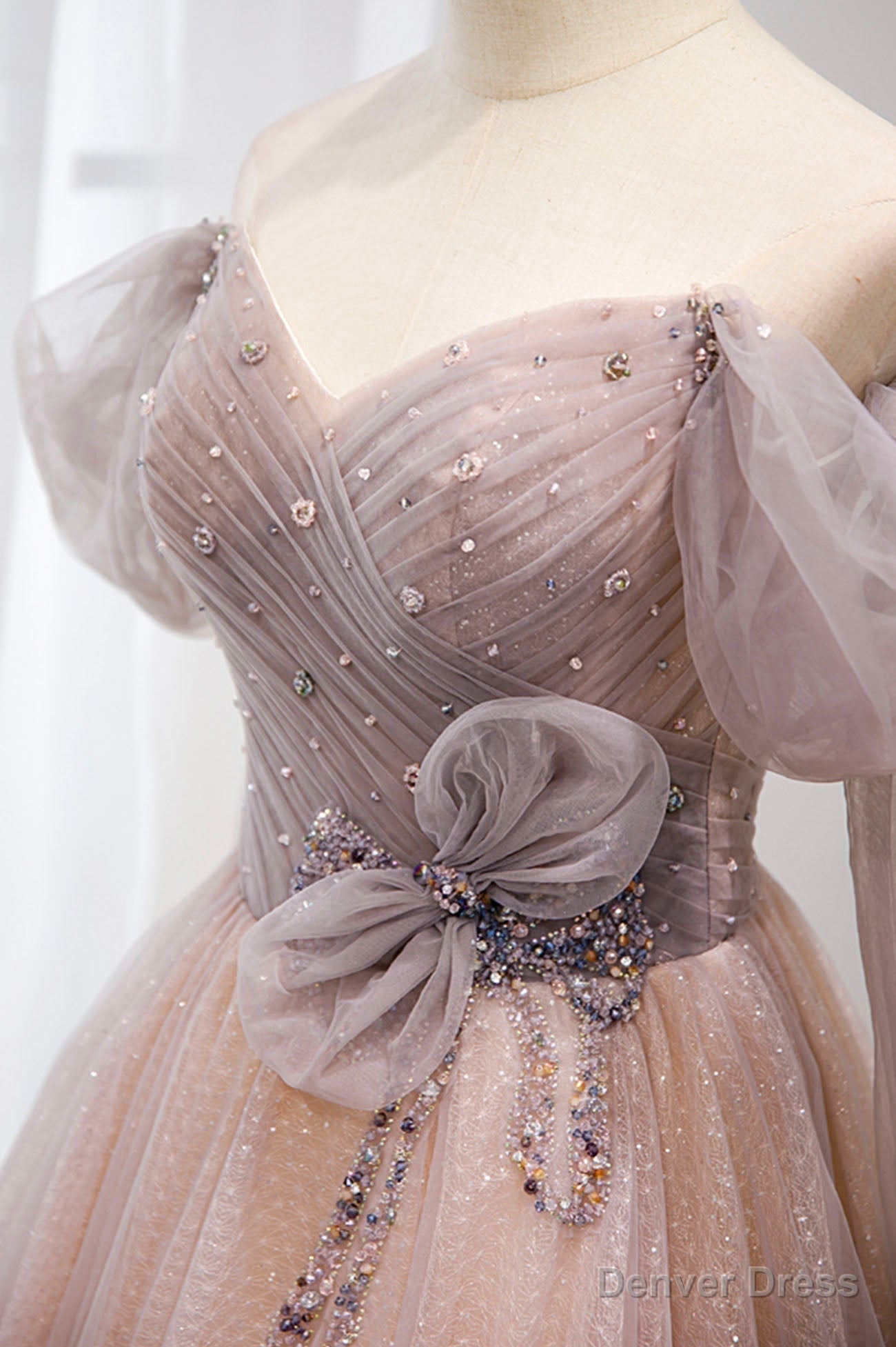 Pink Tulle Off the Shoulder Prom Dress with Beaded, A Line Prom Dresses