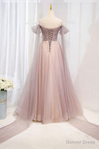 Pink Tulle Off the Shoulder Prom Dress with Beaded, A Line Prom Dresses