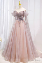 Pink Tulle Off the Shoulder Prom Dress with Beaded, A-Line Formal Evening Dress