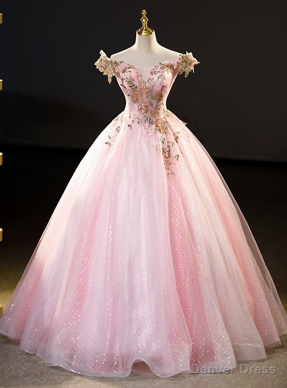 Pink Tulle Off the Shoulder Sequins Appliques Quinceanera Dresses