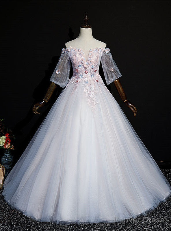 Pink Tulle Off the Shoulder Short Sleeve Appliques Quinceanera Dresses