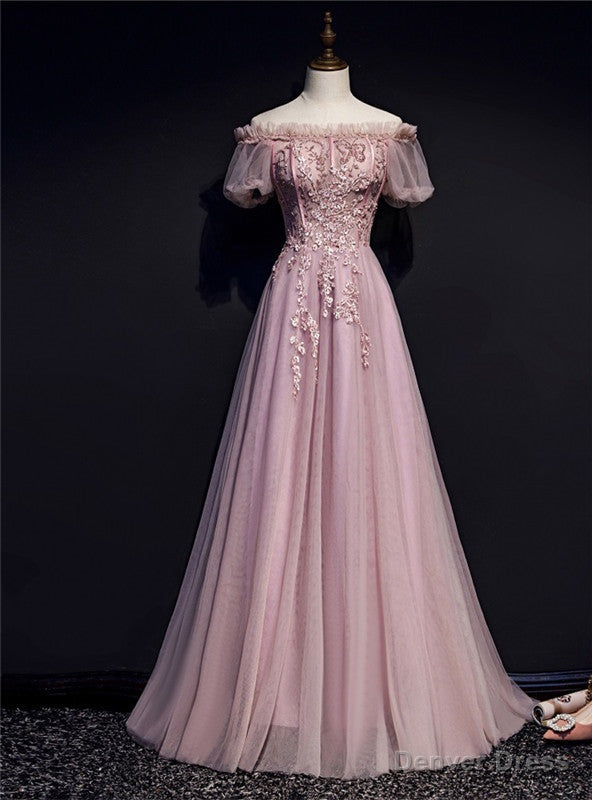 Pink Tulle Off the Shoulder Short Sleeve Prom Dresses