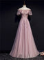 Pink Tulle Off the Shoulder Short Sleeve Prom Dresses