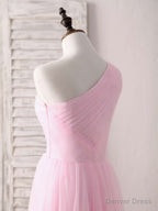 Pink Tulle One Shoulder Long Prom Dress Pink Bridesmaid Dresses