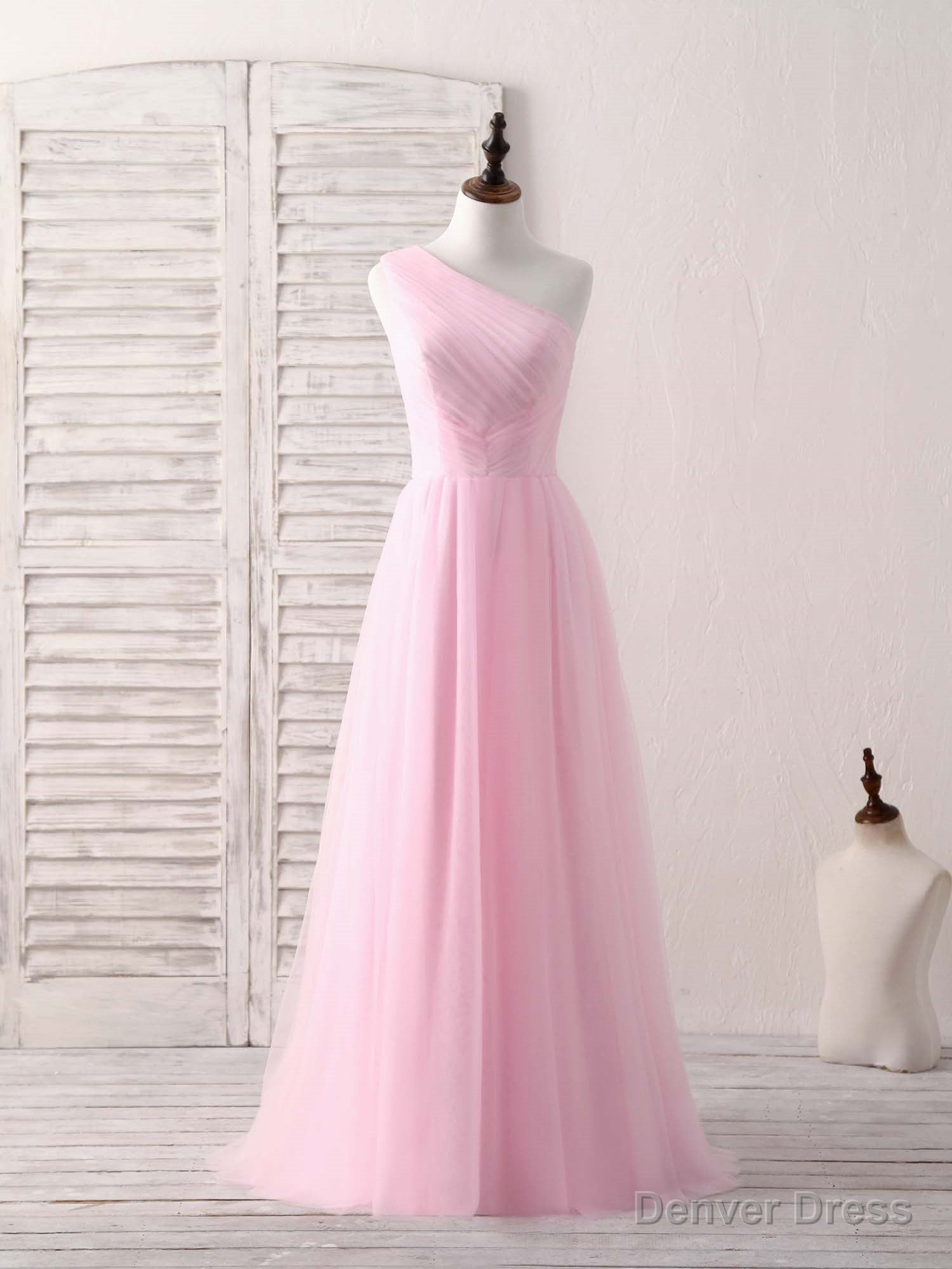 Pink Tulle One Shoulder Long Prom Dress Pink Bridesmaid Dresses Main image