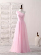 Pink Tulle One Shoulder Long Prom Dress Pink Bridesmaid Dresses