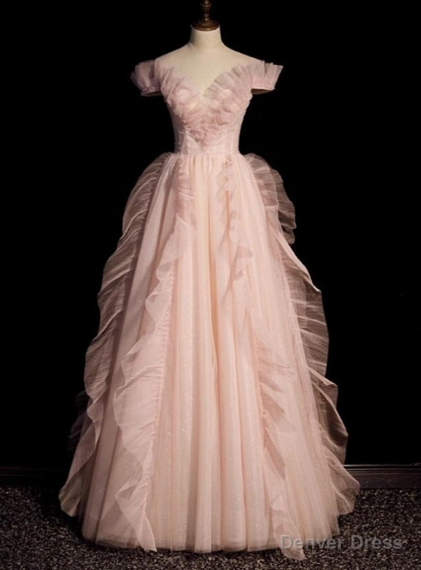 Pink Tulle Pleats Beading Prom Dresses