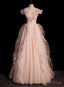 Pink Tulle Pleats Beading Prom Dresses