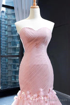 Pink Tulle Prom Dress Sweetheart Mermaid Long Prom Dress with Ruffles,Wedding Prom Dresses