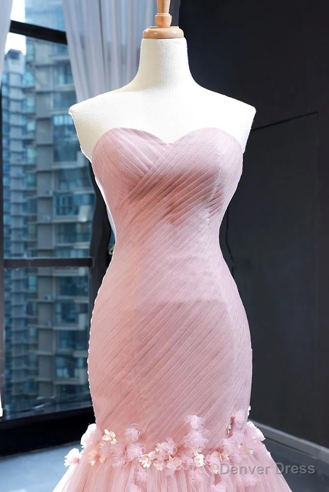 Pink Tulle Prom Dress Sweetheart Mermaid Long Prom Dress with Ruffles,Wedding Prom Dresses