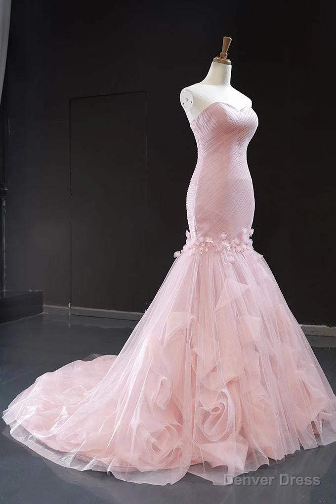 Pink Tulle Prom Dresses Sweetheart Mermaid Long Formal Dress with Ruffles,Wedding Party Dresses Secondary image