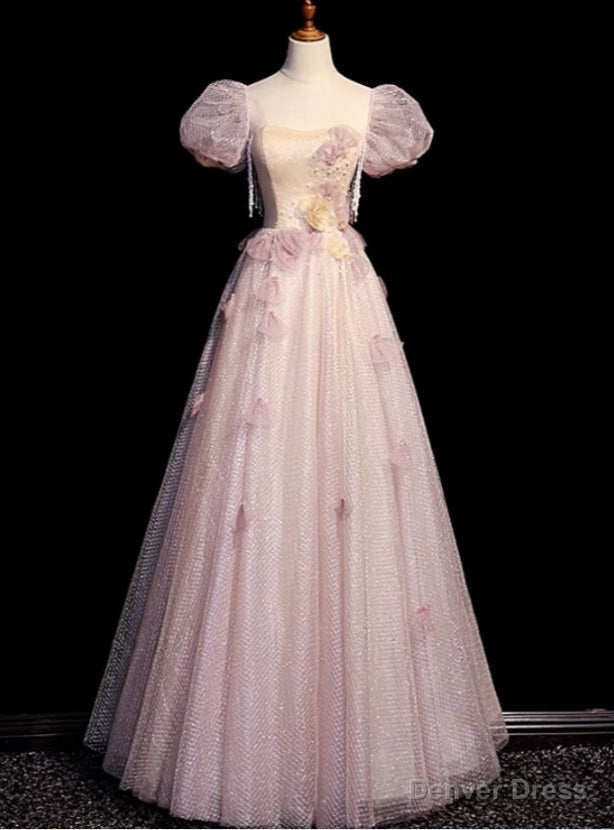 Pink Tulle Puff Sleeve Flower Prom Dresses