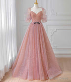 Pink Tulle Puffy Sleeves Long Prom Dress, Pink A Line Prom Dresses