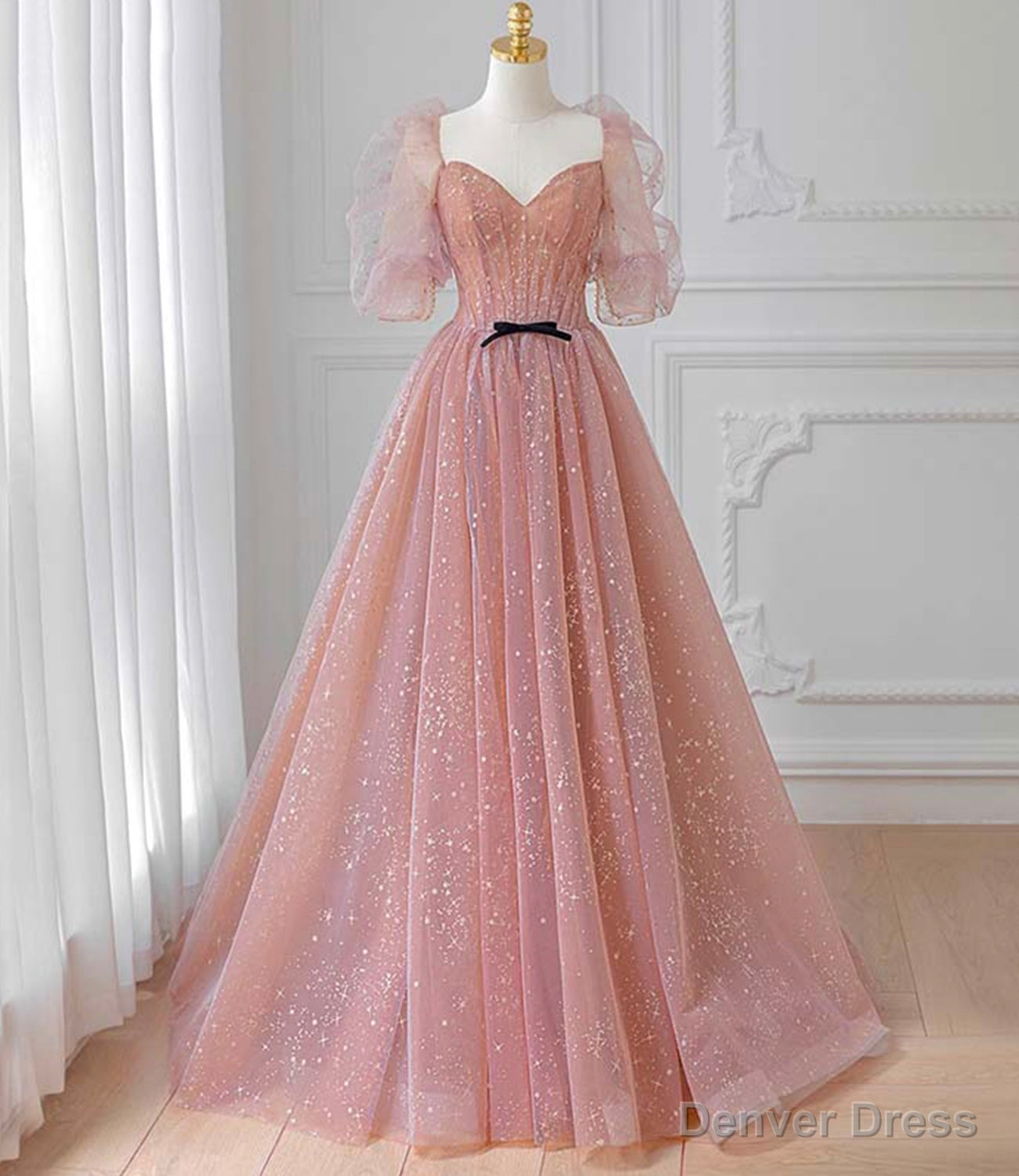 Pink Tulle Puffy Sleeves Long Prom Dress, Pink A Line Prom Dresses