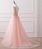 Pink Tulle Round Lace Applique Long Formal Dresses, Pink Tulle Junior Prom Dresses Party Dresses