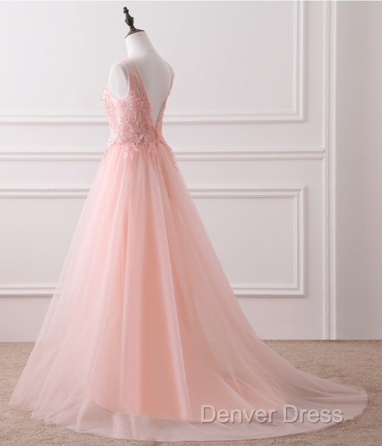 Pink Tulle Round Lace Applique Long Formal Dresses, Pink Tulle Junior Prom Dresses Party Dresses