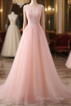 Pink Tulle Round Lace Applique Long Formal Dresses, Pink Tulle Junior Prom Dresses Party Dresses