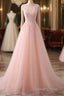 Pink Tulle Round Lace Applique Long Formal Dresses, Pink Tulle Junior Prom Dresses Party Dresses