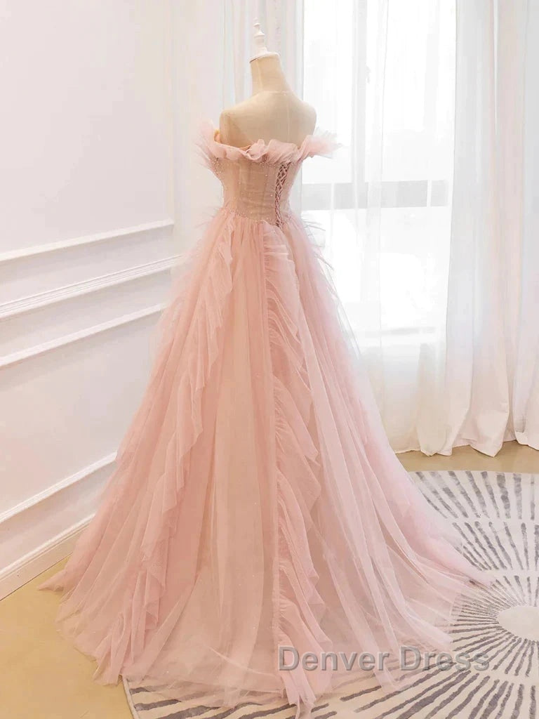 Pink Tulle Ruffles Off The Shoulder Long Prom Dresses