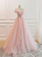 Pink Tulle Ruffles Off The Shoulder Long Prom Dresses