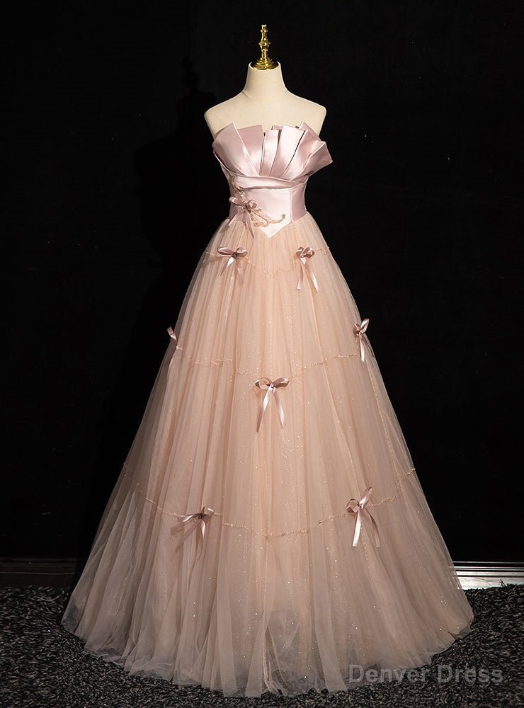 Pink Tulle Satin Strapless Beading Prom Dresses