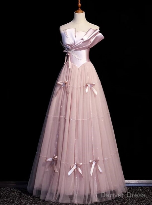 Pink Tulle Satin Strapless Pleats Prom Dresses