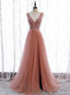 Pink Tulle Seep V Neck Backless Beading Sequins Prom Dresses
