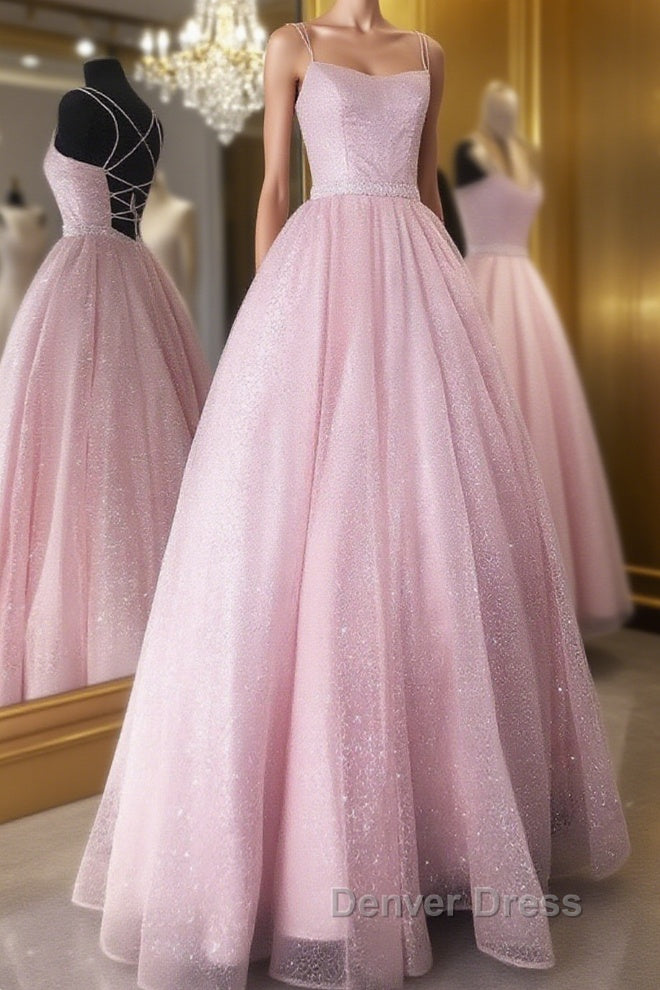 Pink tulle sequin long prom Dress pink tulle Prom Dresses