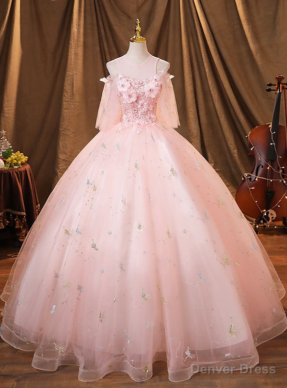Pink Tulle Sequins Appliques Quinceanera Dresses