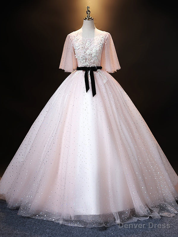 Pink Tulle Sequins Appliques Short Sleeve Quinceanera Dresses