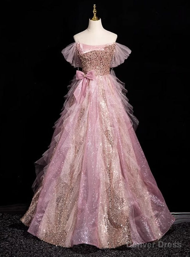 Pink Tulle Sequins Beading Bow Prom Dresses