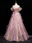 Pink Tulle Sequins Beading Bow Prom Dresses