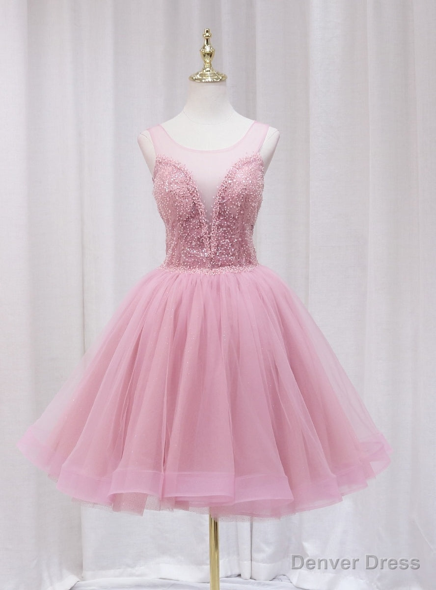 Pink Tulle Sequins Beading Homecoming Dresses
