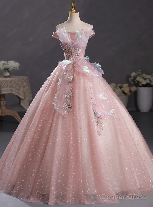 Pink Tulle Sequins Beading Quinceanera Dresses